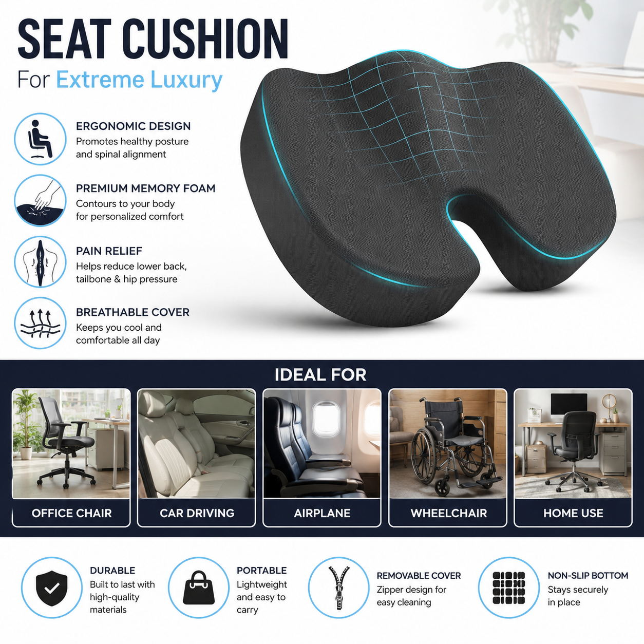 All-in-One Luxe Comfort Cushion/Seat chair cushion for tail bone & back care